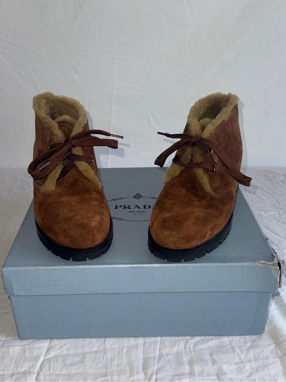 Prada Women’s Tan Brown Suede Shearling Lace-Up Boots